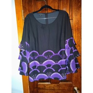 Alfani Womens Black Purple Fan Print Bell Sleeve Top Blouse Plus Size L